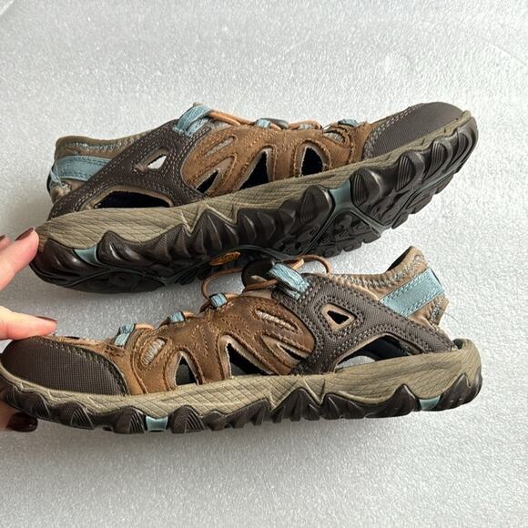 Merrell Vibram Water Shoes 8.5  Women’s Brown Blue Slip On Sandals Hike Camp - Picture 11 of 13